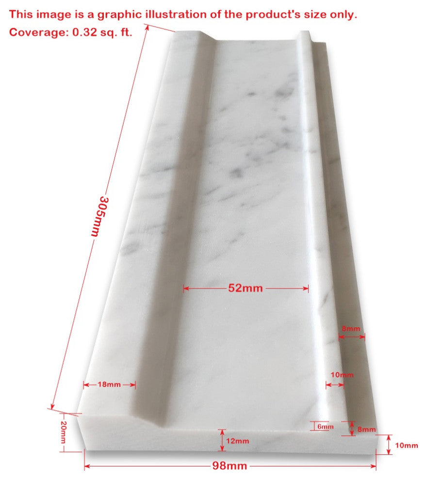 Carrara White Marble 4x12 Plaza Trim Molding Baseboard Edging Honed, 1 piece