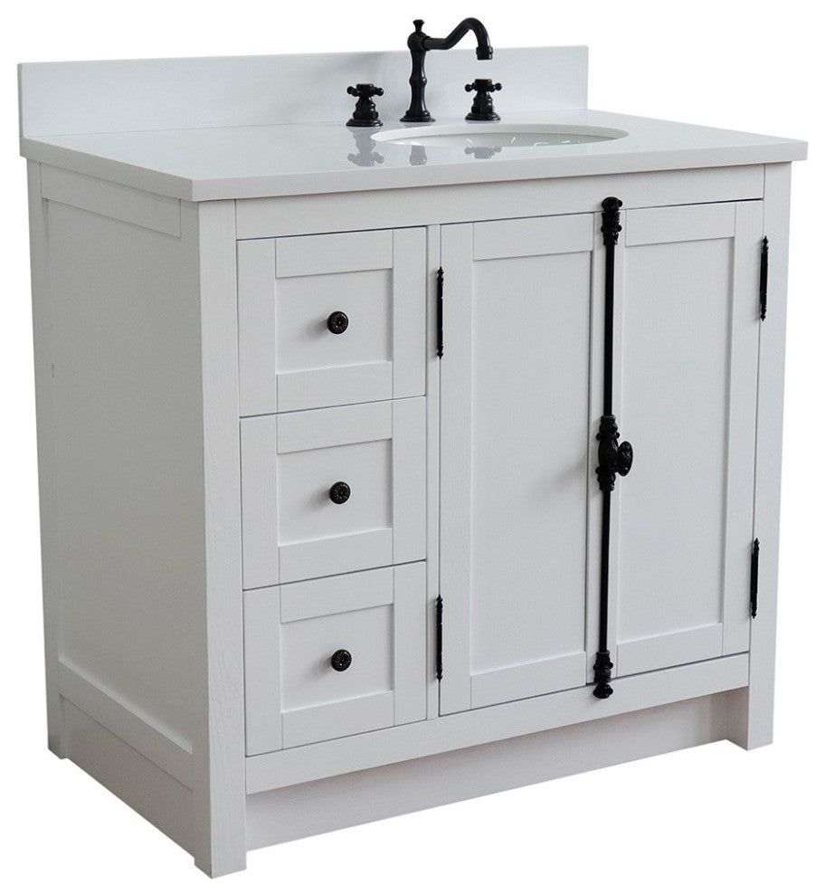 37" Vanity, Glacier Ash, White Engineered Stone Top, Right Doors/Right Oval Sink
