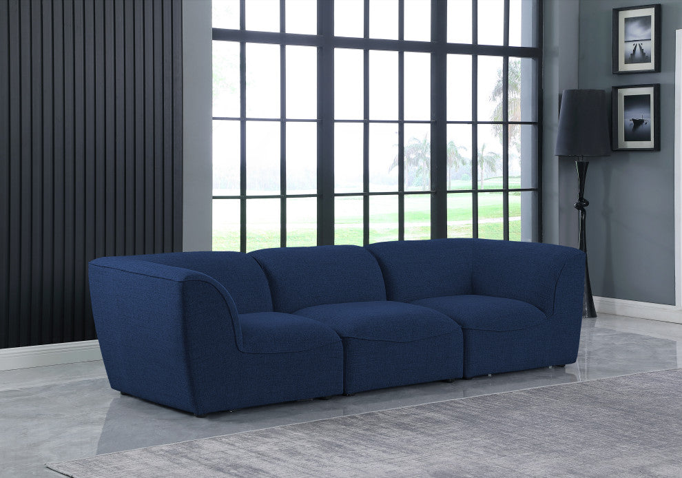 Miramar Linen Textured Fabric Upholstered 3-Piece Modular Sofa, Navy