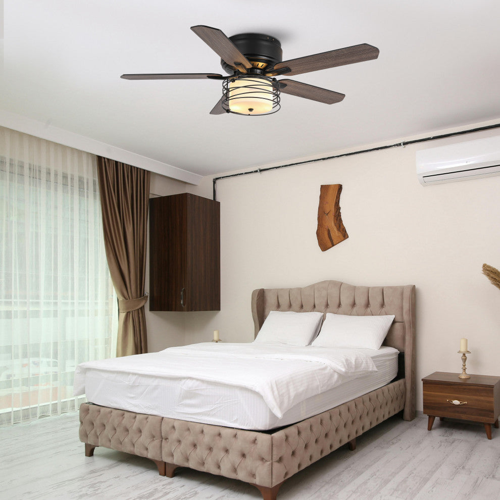 48 Black 5  Blades Industrial Flush Mounted LED Ceiling Fan With Remote Control