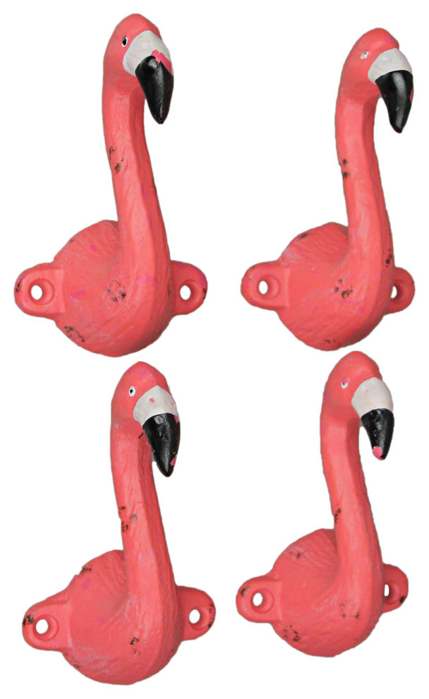 Set of 4 Distressed Pink Flamingo Decorative Wall Hooks Coat Towel Hanger Decor