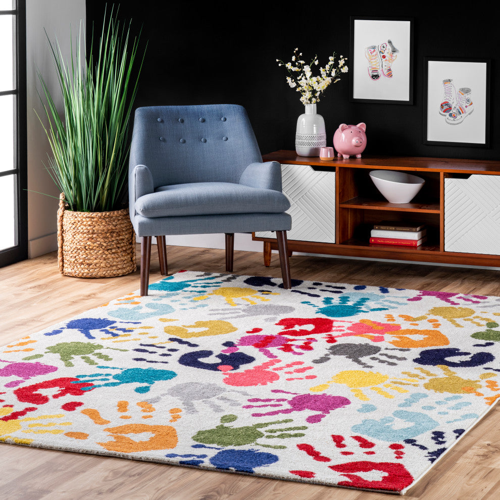 Nuloom Machine Made Contemporary Kids Handprint Collage Rug, Multicolor 6'7"x9'