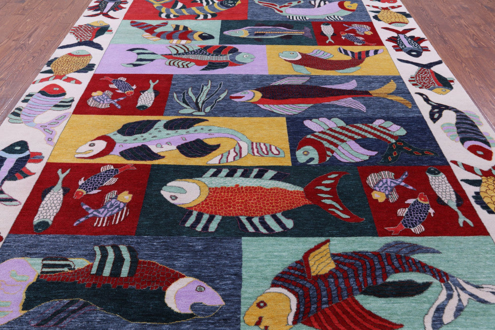 8' 11" X 12' 3" Gabbeh Fish Design Hand Knotted Wool Rug - Q13525