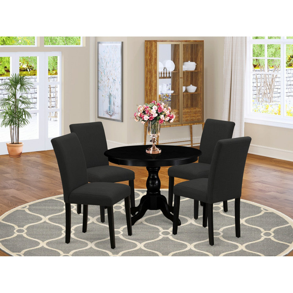 5 Pc Kitchen Set, Black Wood Table, 4 Black Chairs, Wire Brushed Black Finish
