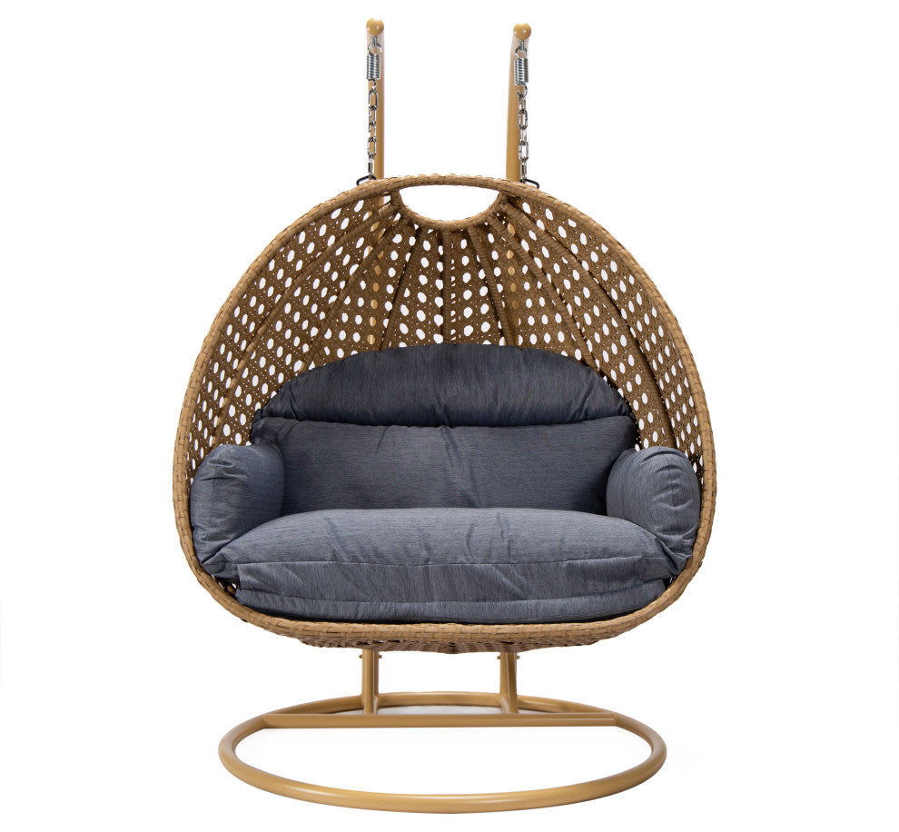 LeisureMod Mendoza Light Brown Wicker Hanging Double Egg Swing Chair, Charcoal