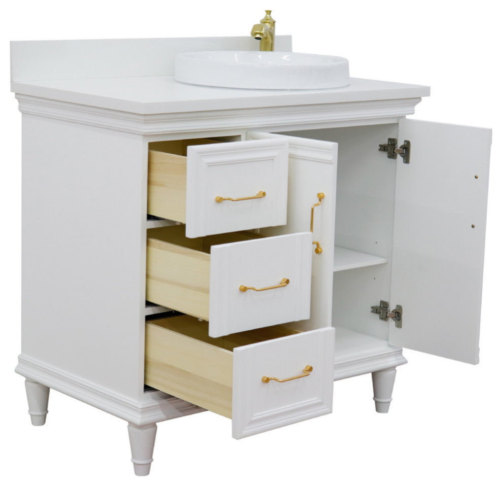 37" Single Vanity, White Finish With White Engineered Stone Top