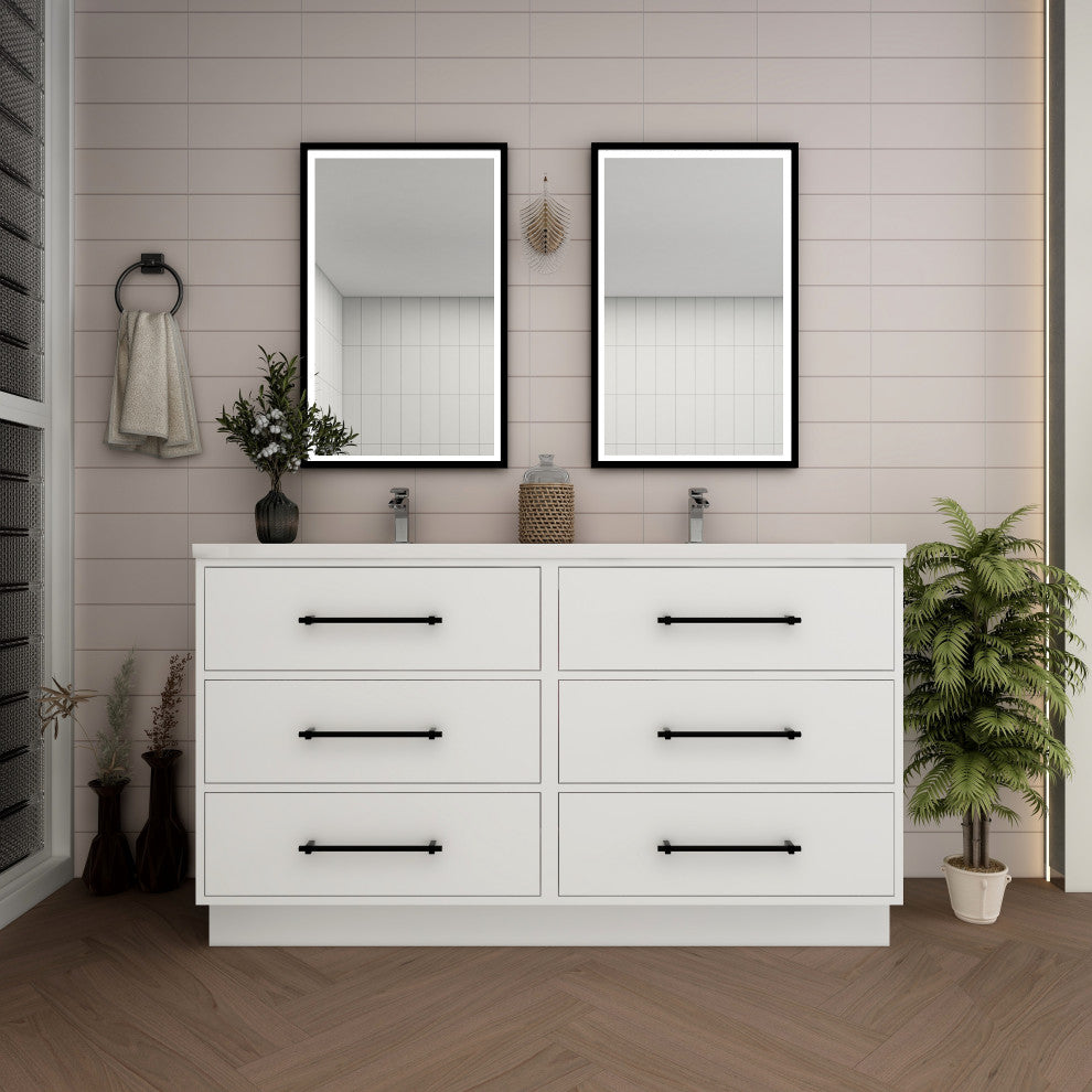 Victoria 60" Double Sink Solid Wood Bath Vanity, Glossy White