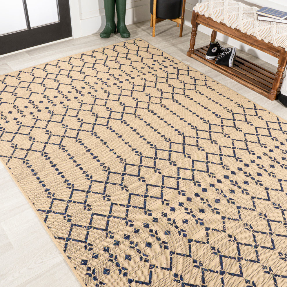 Ourika Moroccan Geometric Indoor/Outdoor Rug, Beige/Navy, 8x10