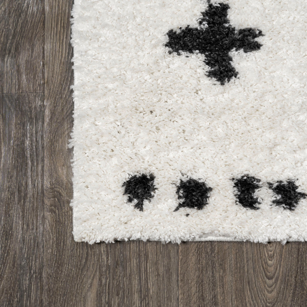 Cristo Berber Geometric Shag Rug, White/Black, 2x8