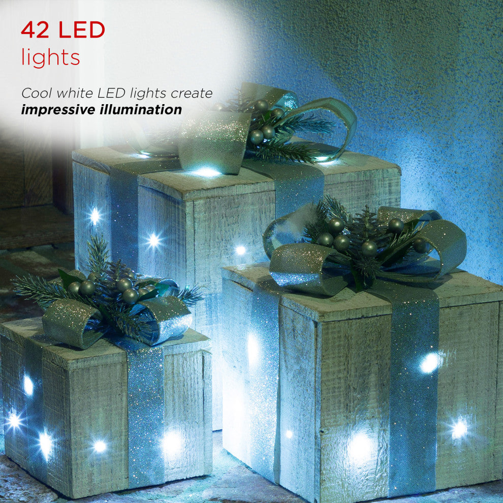 3-Piece Wooden Gift Box Christmas Decor with LED Lights, Silver