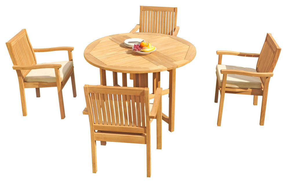 5-Piece Outdoor Teak Dining Set: 48" Butterfly Table, 4 Leveb Stacking Arm Chair