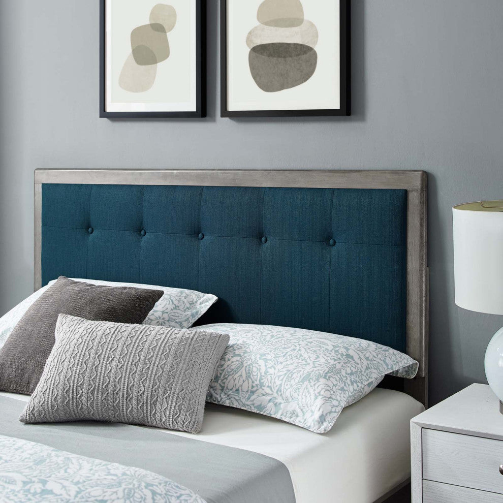 Platform Bed Frame, Queen Size, Fabric, Wood, Gray Navy Blue, Modern