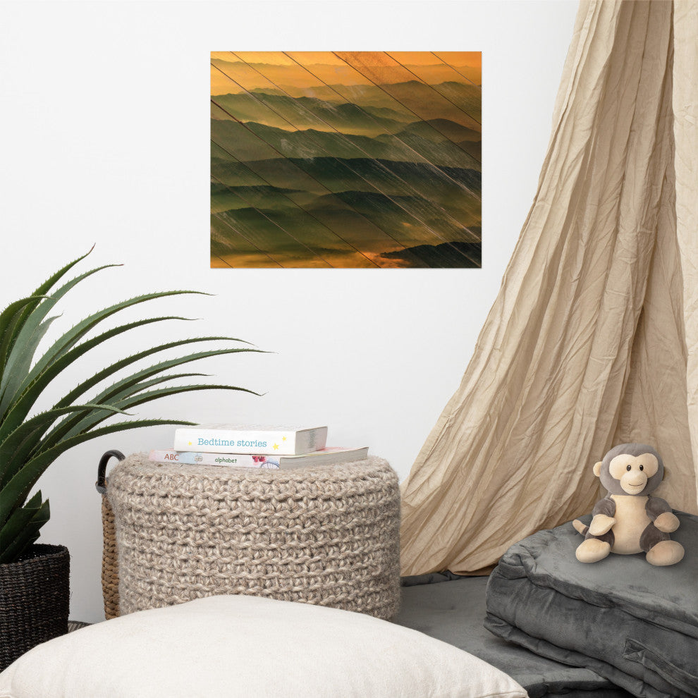 Faux Wood Foggy Mountain Layers at Sunset Landscape Unframed Wall Art Prints, 16" X 20"