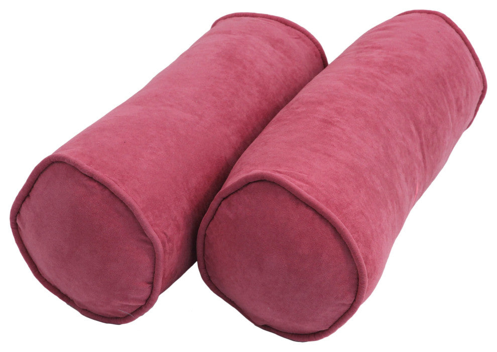 20"X8" Double-Corded Solid Microsuede Bolster Pillows, Set of 2, Bery Berry