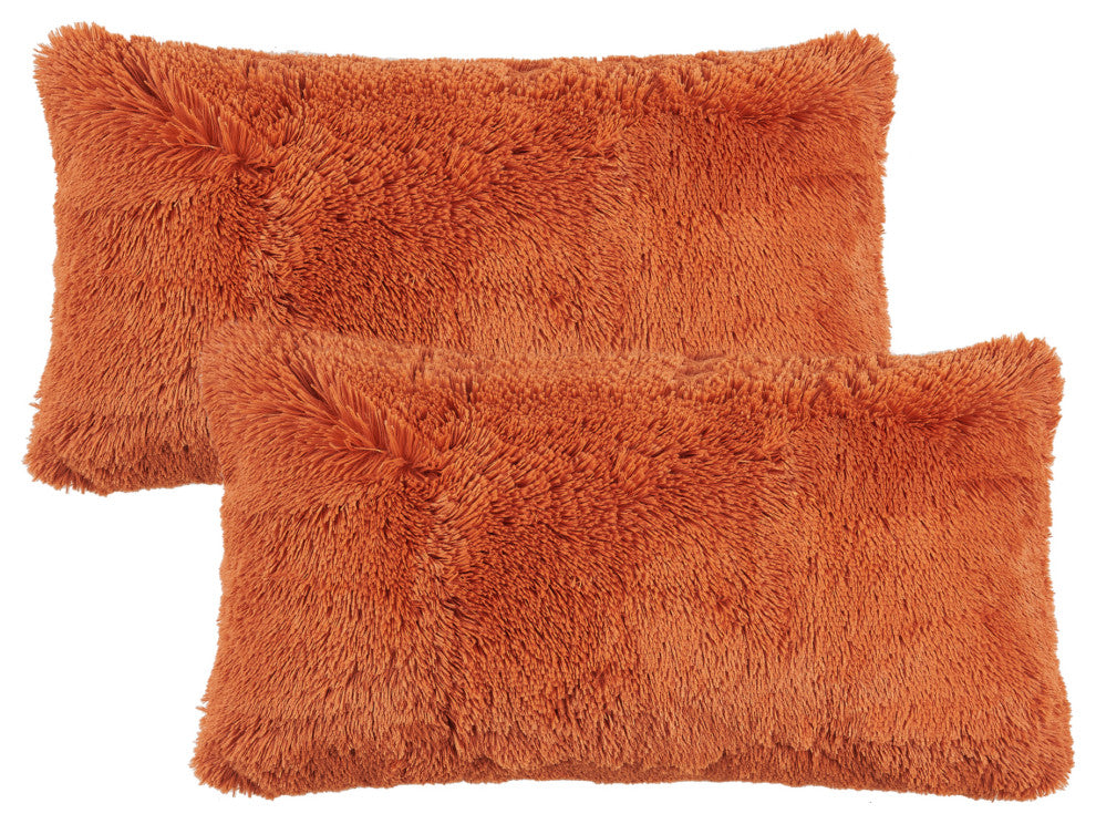 Shaggy Faux Fur Pillow Cover, Burnt Orange, Set of 2, 14"x26"