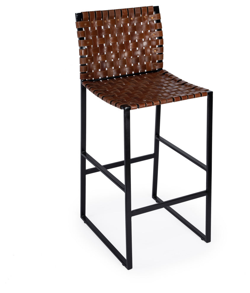 Urban Woven Genuine Leather Rectangular  28" Barstool, Brown