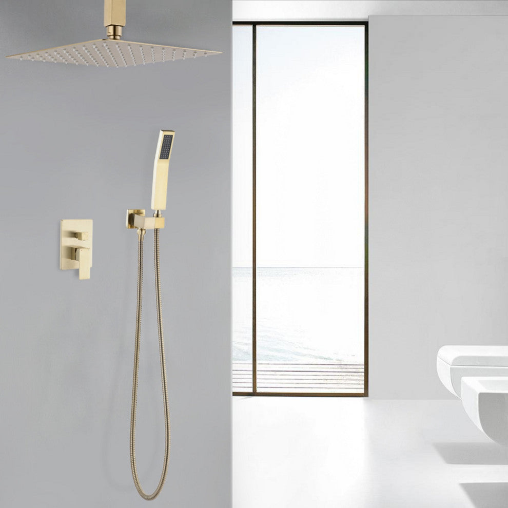 Ceiling Mounted Shower System Set With 10" Rain Shower Head, Brushed Gold