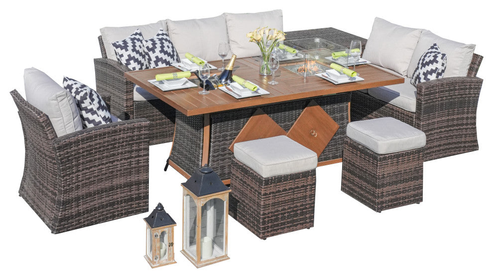 7-Piece Patio Sofa Set with Firepit and Ice Container Dining Table, Brown