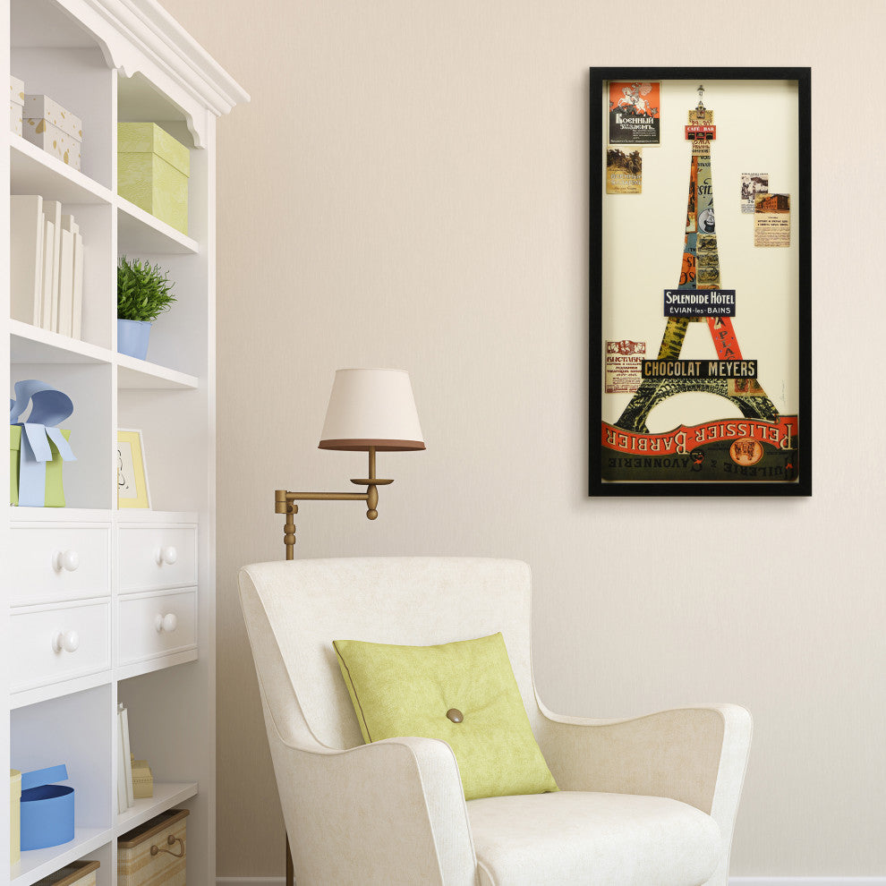 Eiffel Tower Collage Framed Graphic Wall Art Under Glass Handmade 33x17