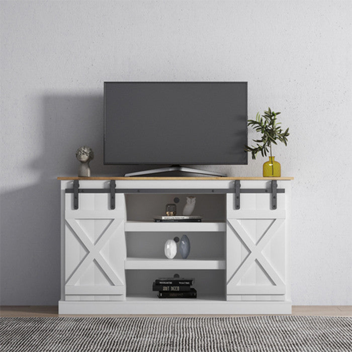 Farmhouse white MDF TV stand 65 inch flat media console table storage wood cabin