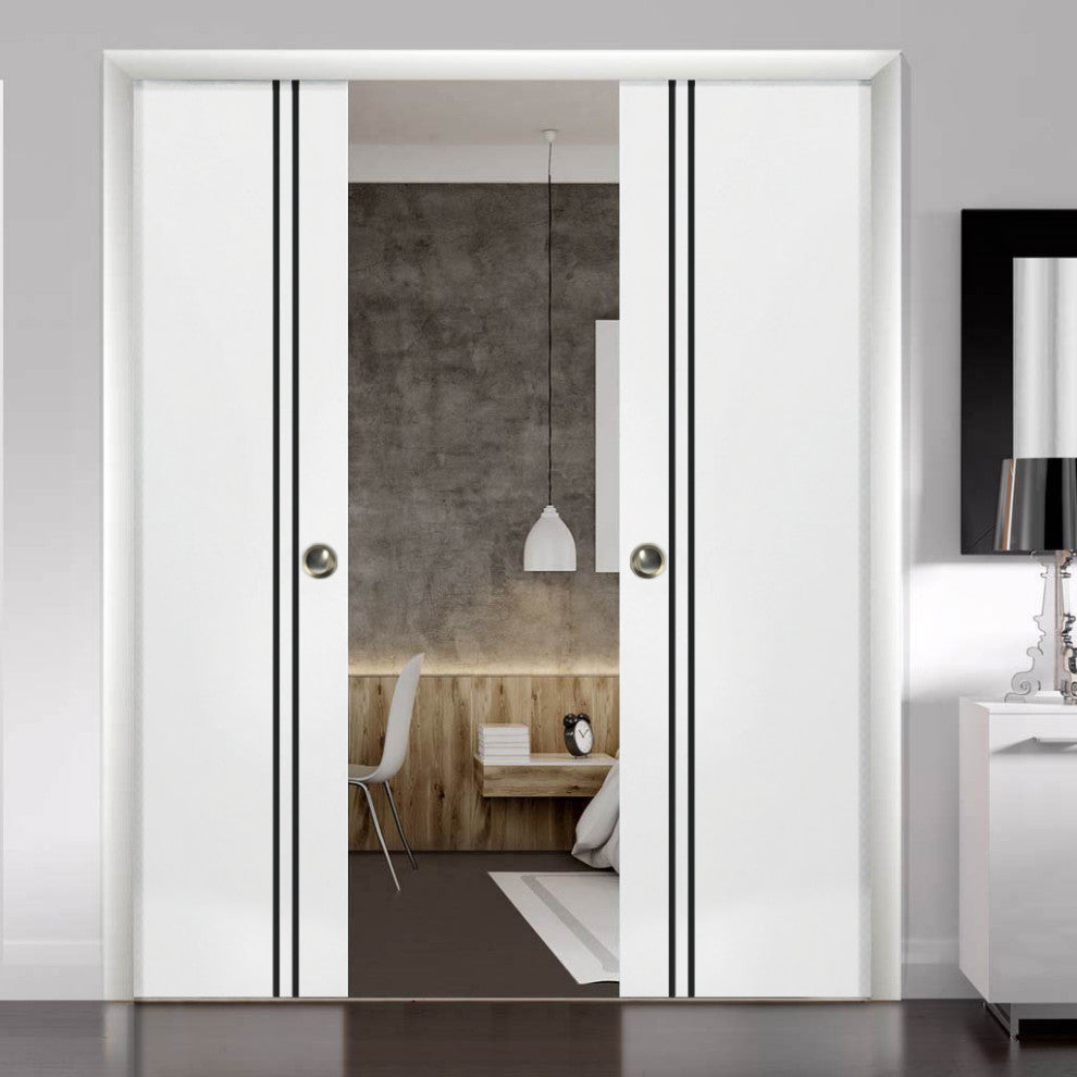 French Double Pocket Doors 84x96 | Planum 0016 White Silk | Kit Trims Rail