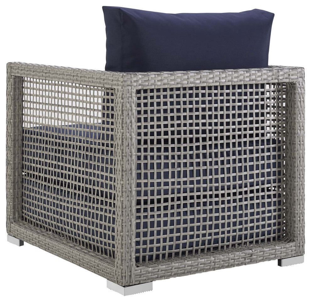 Modern Outdoor Sofa, Chair and Coffee Table Set, Rattan Fabric, Gray Navy Blue