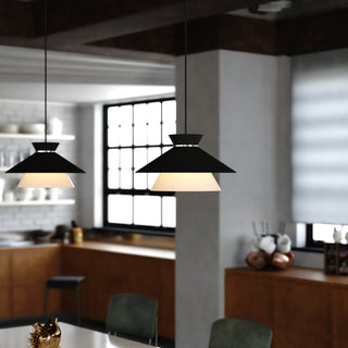 Loomis 1-Light Matte Black Mid-Century Modern Pendant, White Frosted Glass Shade