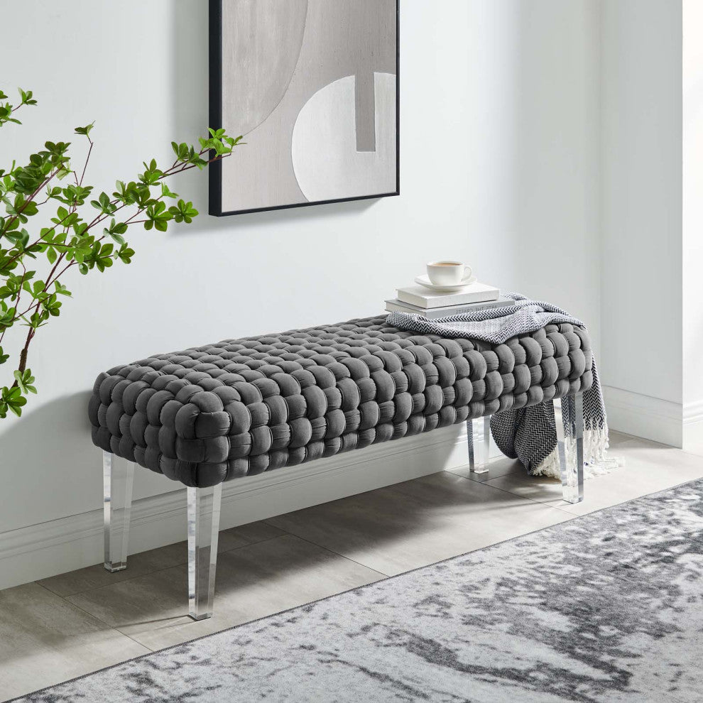 Ottoman Bench Gray, Velvet, Modern, Mid Century Hotel Lounge Cafe
