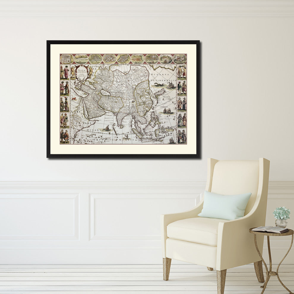 Asia Vintage Map Print On Canvas With Picture Frame 28" X 37"