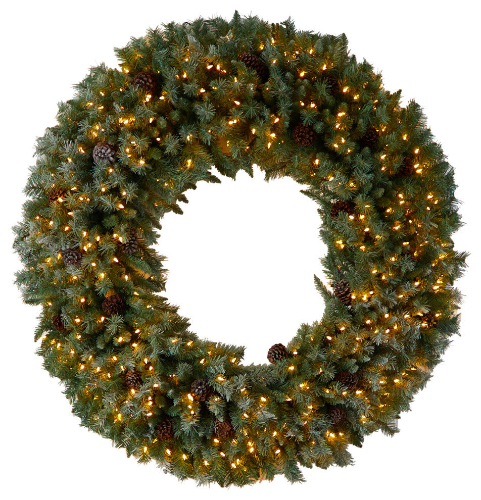 5' Giant Flocked Faux Xmas Wreath W/ Pinecones, Clear Lights & Bendable Branches