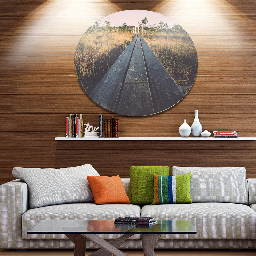Wood Footpath On The Bog In Fall, Landscape Disc Metal Artwork, 11"