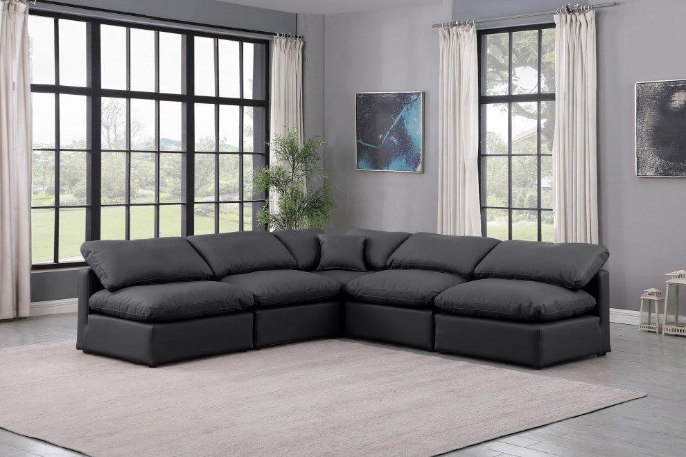 Indulge Upholstered Modular L-Shaped Sectional, Black, 5-Piece: 4 Armless Chair, 1 Corner Chair, Fiber Stuffed Vegan Leather