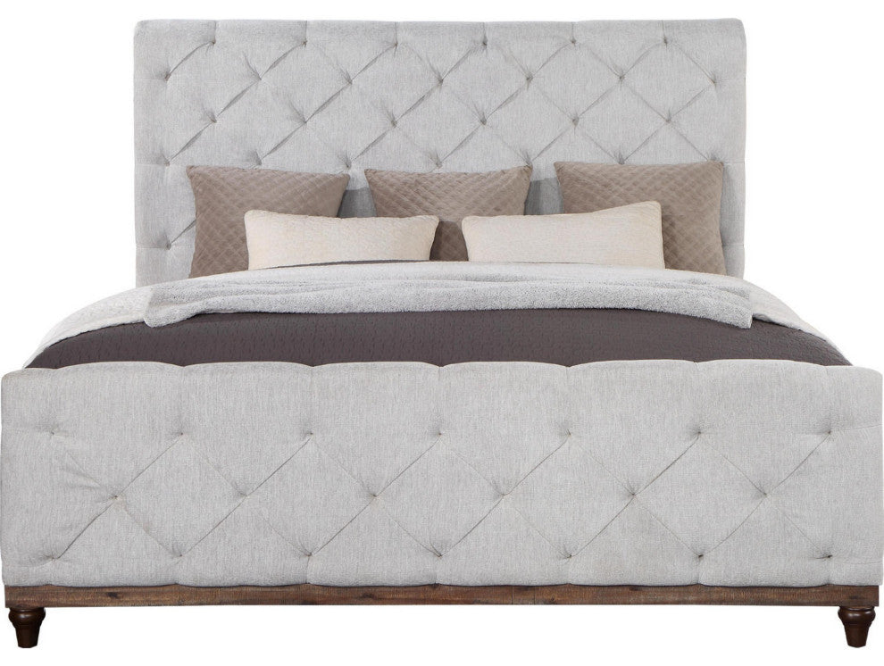 Benzara BM284030 Modern King Size Bed, Button Tufted, Brown Frame, Beige Fabric