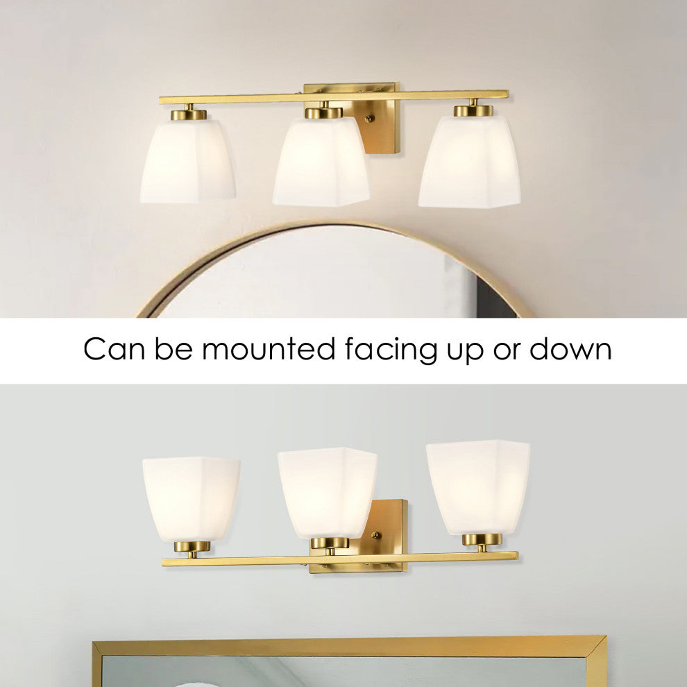 22 in. 3-Light Gold Modern Vanity Light With Square Etched White Glass Shades