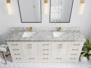 Boston 84" Double Sink Bath Vanity in Alabaster 2" Carrara Marble