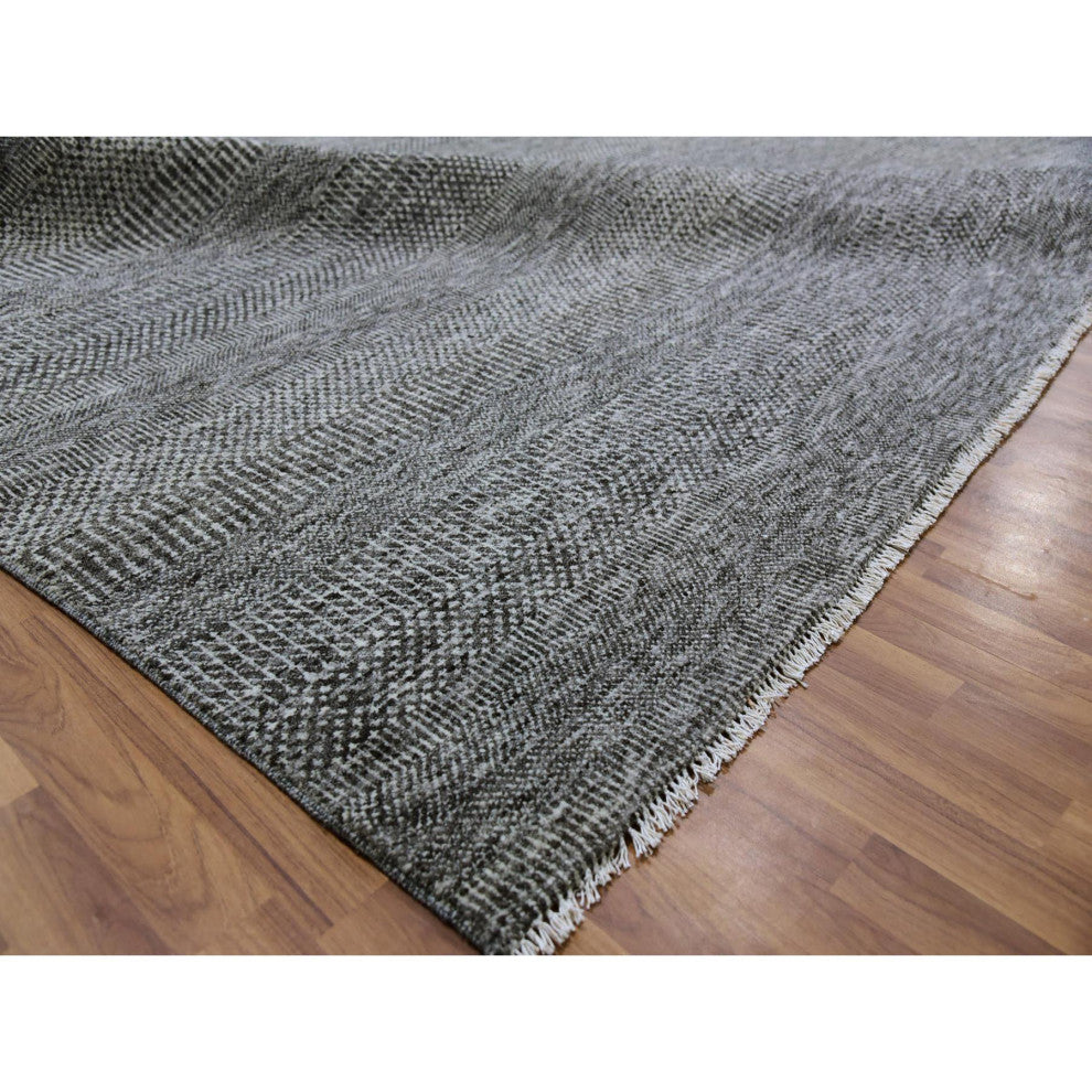 Neutral Gray Undyed Wool Grass Design Hand Knotted Oversized Rug 12'2"x15'2"