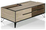 Natural Oak Coffee Table with Black Metal Legs and Hidden Storage Shelves