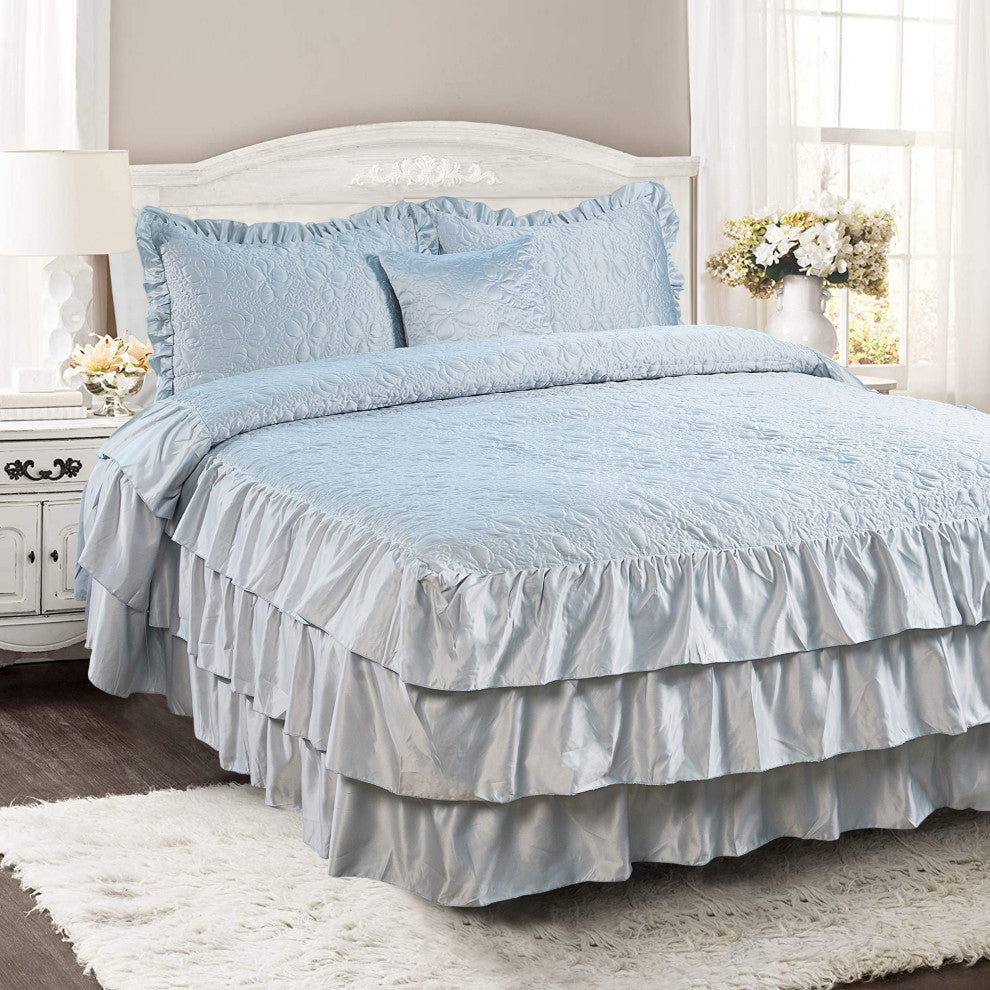 Matte Satin Ruffle 4 Piece Bed Spread Set, Light Blue, Queen