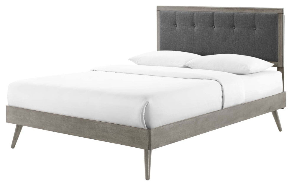 Platform Bed Frame, Queen Size, Fabric, Wood, Gray, Modern Mid-Century