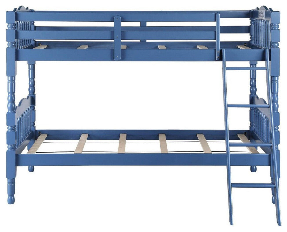 Benzara BM284021 Classic Twin Bunk Bed With Ladder Guard Rail, Carved Legs, Blue