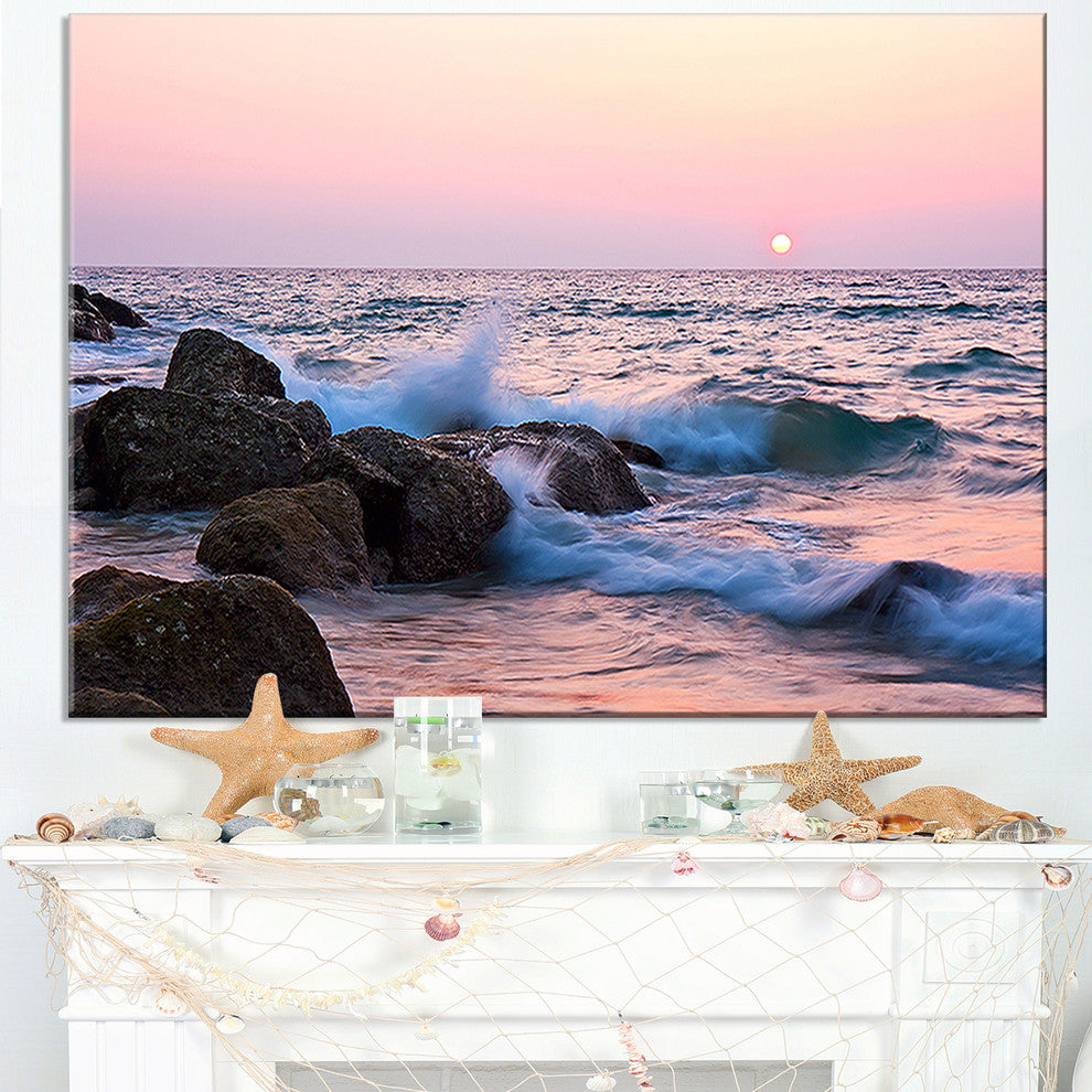 "Rocky Coast With Foam Waves" Seashore Canvas Print, 32"x16"