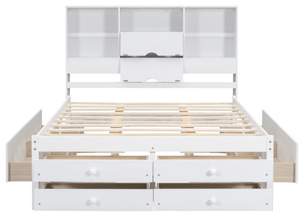 Gewnee win Size Wood Platform Bed with House-shaped Headboard in White