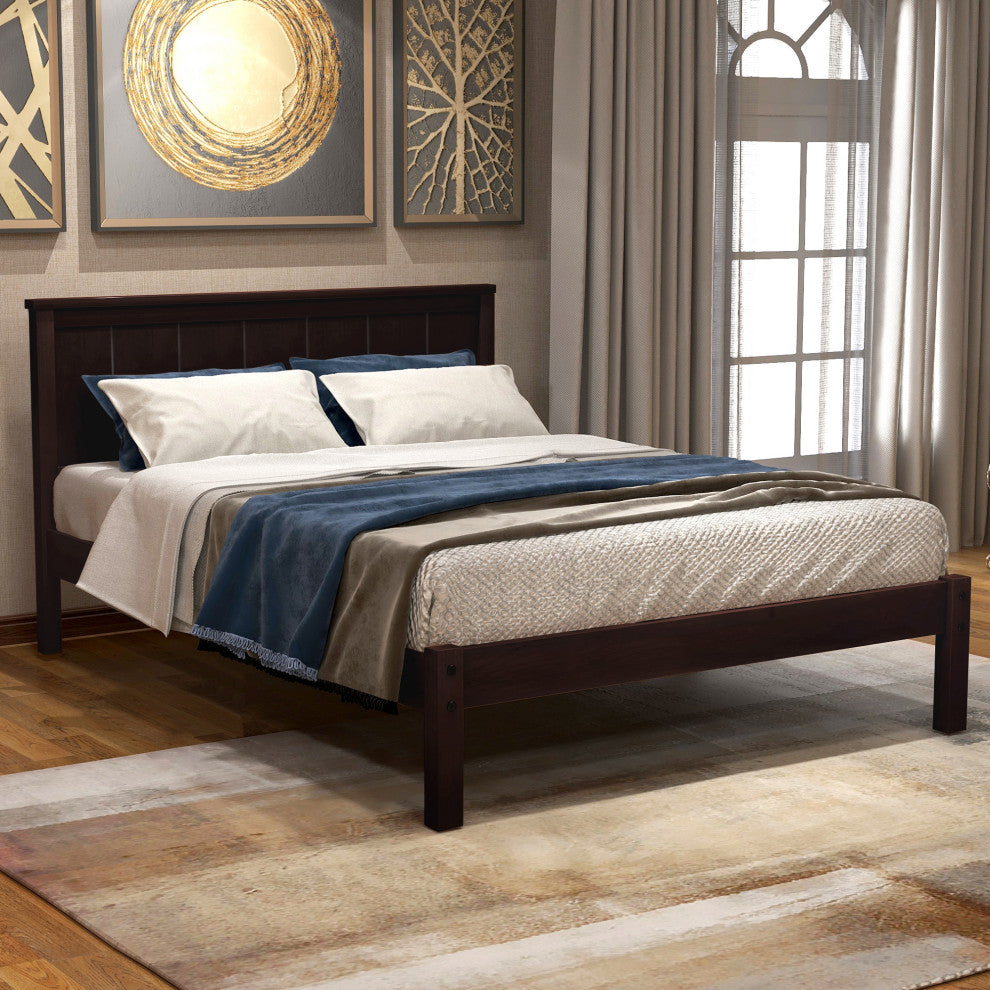 Gewnee Platform Bed Frame with Headboard , Wood Slat Support in Espresso
