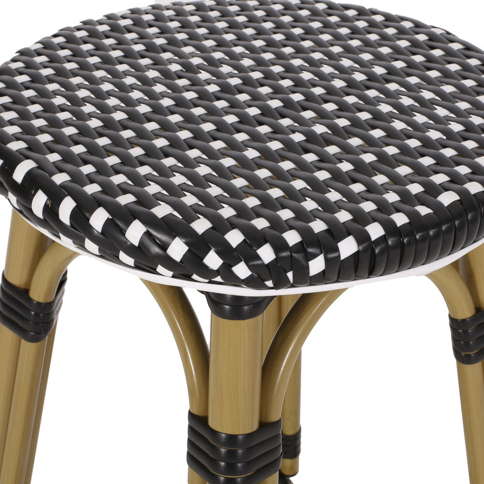Dohney Outdoor French Aluminum 29.5" Barstools, Set of 4, Black/White/Bamboo Finish