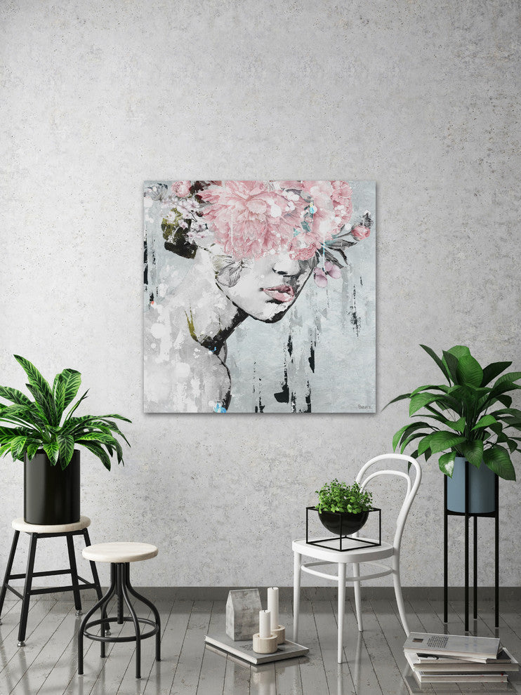"Pink Flower Bloom" Painting Print on Wrapped Canvas, 18"x18"