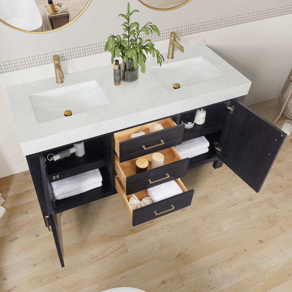 Leon Bath Vanity With Composite Stone Top, Fir Wood Black, 60"double Sink, No Mirror