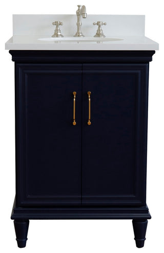 25" Single Vanity, Blue Finish With White Engineered Stone Top And Oval Sink