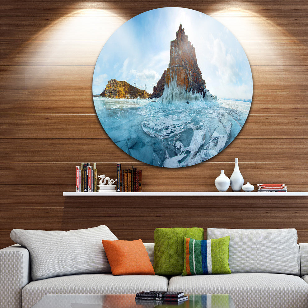 Ice And Rocks Of Lake Baikal, Seascape Round Metal Wall Art, 36"