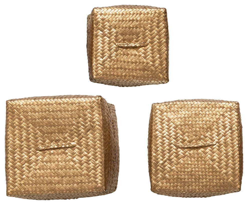Hand-Woven Seagrass Baskets With Lids, Gold, 3-Piece Set