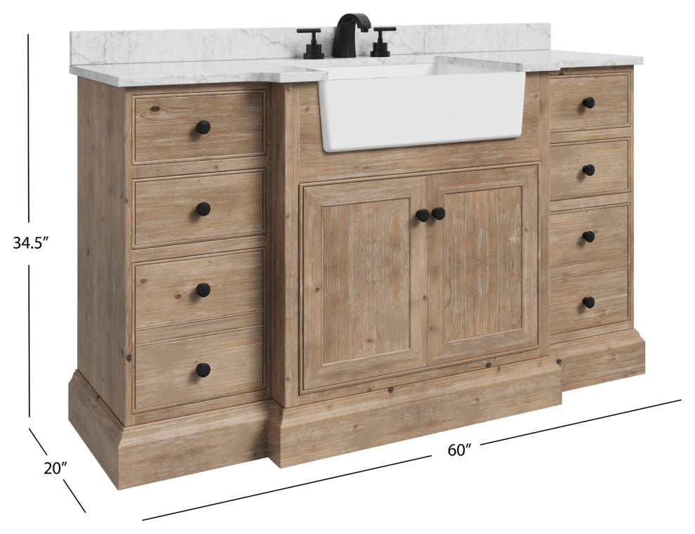 Fermo Bath Vanity, Weathered Fir, 60", Marble Top, Single Sink, Freestanding